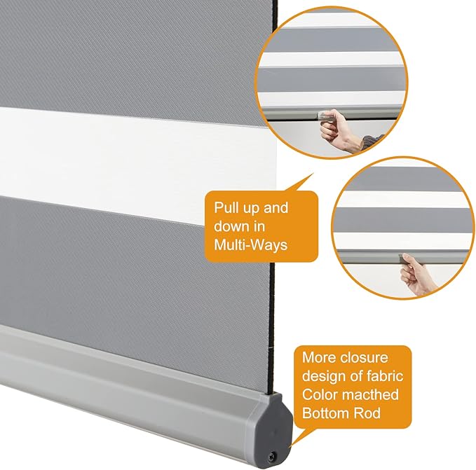 Persilux Cordless Zebra Blinds for Windows Free-Stop Window Shades (34" W X 47" H, Grey) Dual Layer Light Control for Day and Night, Light Filtering Sheer Shades for Home, Easy to Install