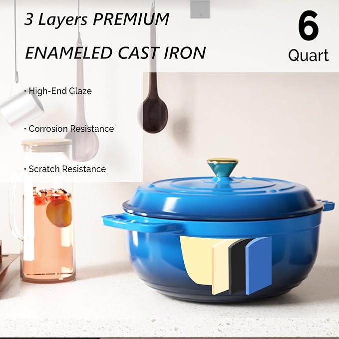 VINGLI 6QT Enameled Cast Iron Round Dutch Oven Pot with Lid, NonStick Casserole Pot with Dual Handles & Silicone GlovesRed, Oven Safe up to 500°F or on Stovetop, Dutch Oven for Bread Baking, Blue