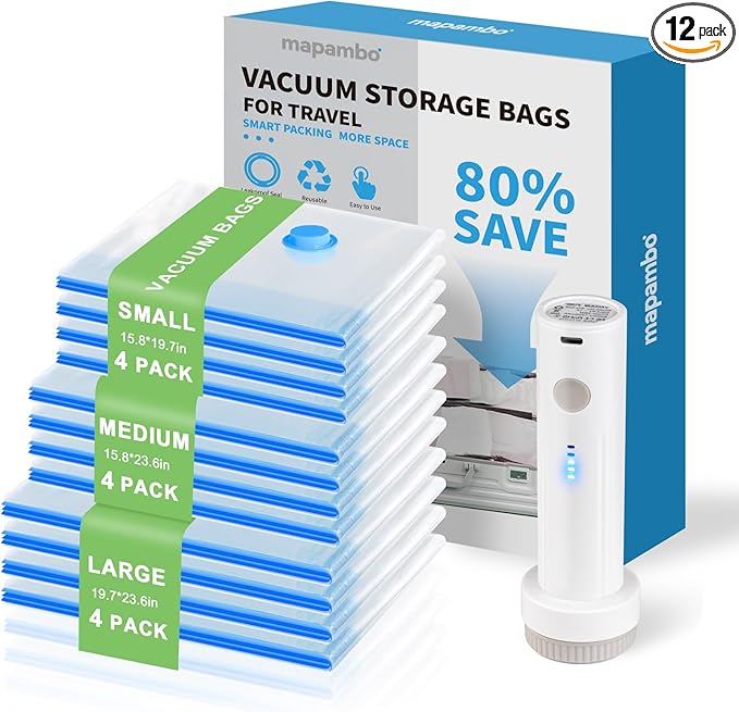 Mapambo Vacuum Seal Bags for Clothing Travel with Electric Pump, 12 Pack Vacuum Bags in 3 Combo sizes, Space Saver Vacuum Storage Bags, Reducing Luggage Volume by up to 80% (12 Combo Travel Size)