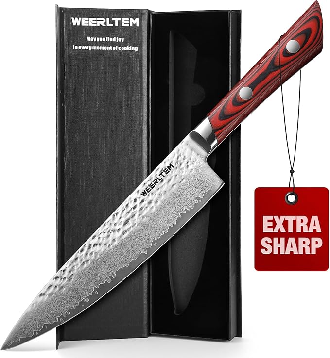 Damascus Sharp Knife(Red), 8 Inch Professional 67-Layer VG10 Damascus Kitchen knives, Hand Hammered Ultra Sharp Japanese Kitchen knife with Red G10 Handle & Gift Box