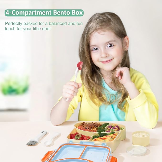 Kids Bento Lunch Box - Toast-Shaped 4-Compartment Lunchable Food Container with Sauce Cup, Utensils & Brush, BPA-Free, Reusable Snack Container with lid, Ideal for School & Travel - Blue