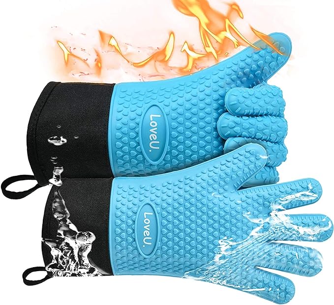 Kitchen Oven Gloves - Dual-Layer Heat Resistant Grilling Gloves, Silicone Oven Mitts with 5 Fingers, Waterproof Non-Slip Pot Holder for Barbecue, Cooking, Baking (Blue, Long)