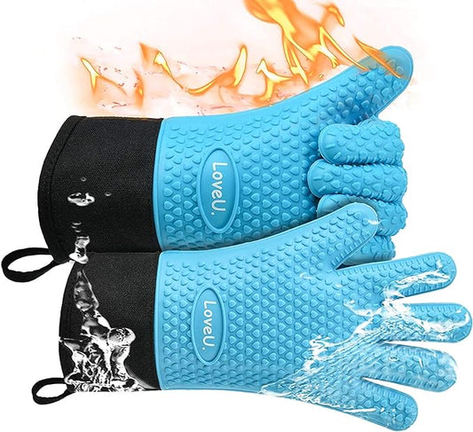 Kitchen Oven Gloves - Dual-Layer Heat Resistant Grilling Gloves, Silicone Oven Mitts with 5 Fingers, Waterproof Non-Slip Pot Holder for Barbecue, Cooking, Baking (Blue, Long)