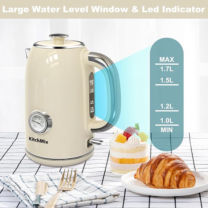 Electric Stainless Steel Tea Kettles1500W-1.7L-with Thermometer, Auto Shut-Off & Boil-Dry, Cool Touch Handle, BPA Free Kettle & Hot Water Kettle (Beige)