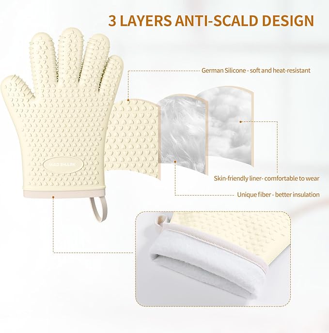 MAD SHARK Silicone Oven Mitts Heat Resistant 450 Degrees,Waterproof & Non-Slip Oven Gloves with Fingers,Cotton Lined Silicone Oven Gloves Kitchen Mitts for Baking Cooking Barbecue,Women,Oven (White)