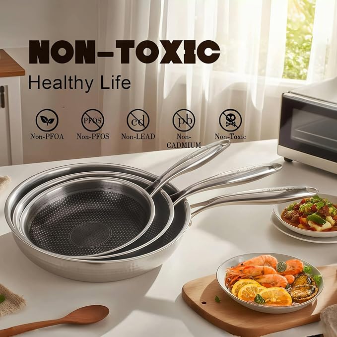 Hybrid 8 inch Stainless Steel Non Stick Skillet,Frying Pans Nonstick, PFOA Free Cookware, Dishwasher and Oven Safe, Induction Compatible