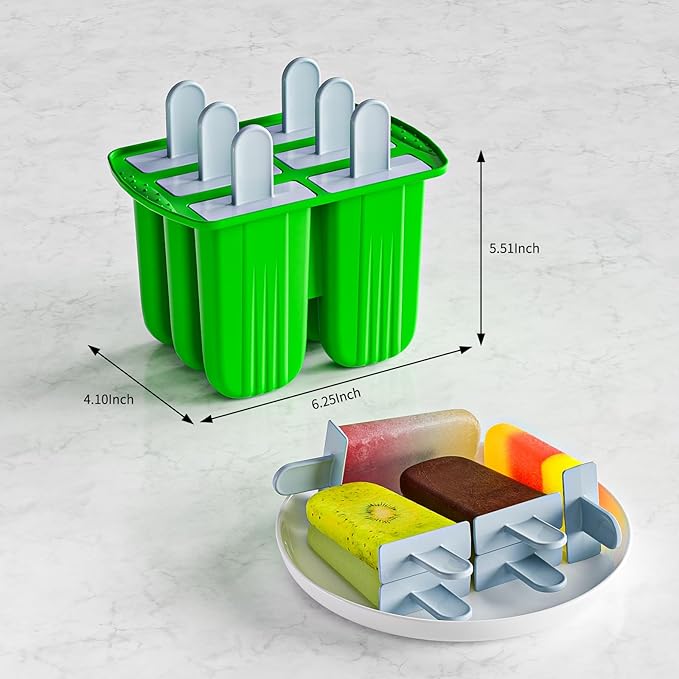 6 Pieces Silicone Popsicle Molds,Easy-Release BPA-Free,Ice Pop Mold Ice Cream Molds For Kids,With 6 PCS Plastic Stick+Cleaning Brush(Dark Green)