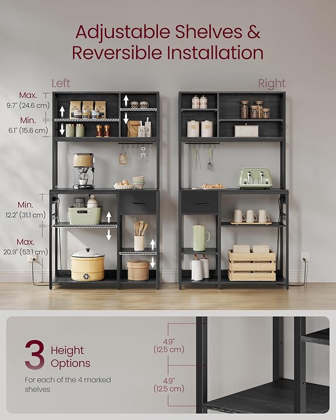 VASAGLE Bakers Rack with Charging Station, Coffee Bar with Adjustable Storage Shelves, Fabric Drawer, 12 Hooks, 15.7 x 39.4 x 71 Inches, Kitchen Microwave Stand, Charcoal Gray and Ink Black UKKS027B01
