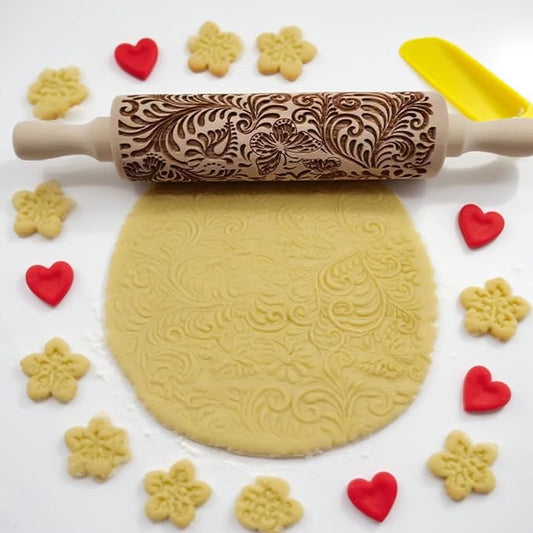 Embossed Rolling Pin 2 Pack, Wooden Non Stick Rolling Pin for Baking with Pattern Designs, French Pastry Dough Roller for Cookies, Pie Crust, Fondant, Kitchen Baking Tools Supplies Set (2 Piece)