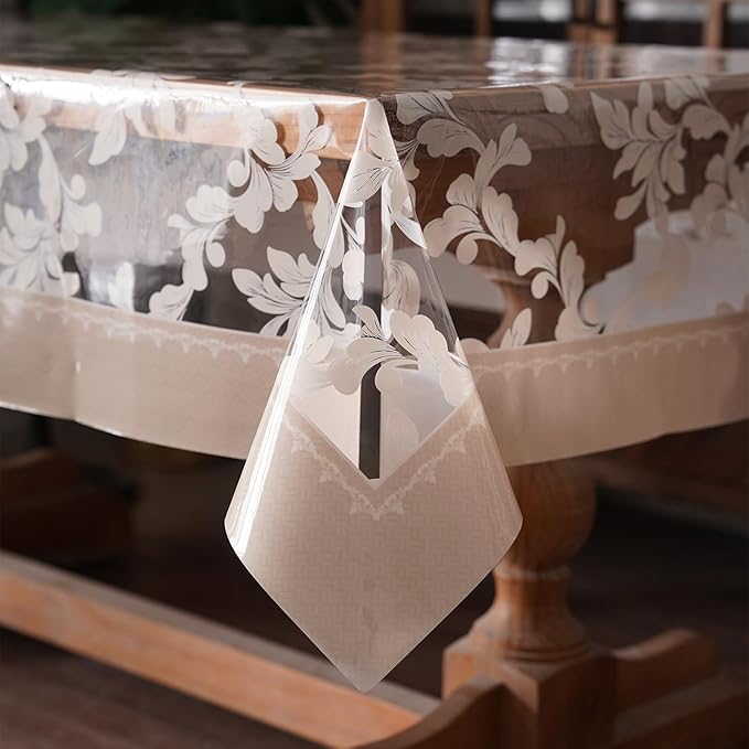 Vinyl Table Cloth Rectangle Clear Table Cover Protector with Block Printed Pattern Oil Spill Proof Farmhouse Rustic Plastic Table Covers for Dining Tables (Scroll Grass, 55 x 104 Inches)