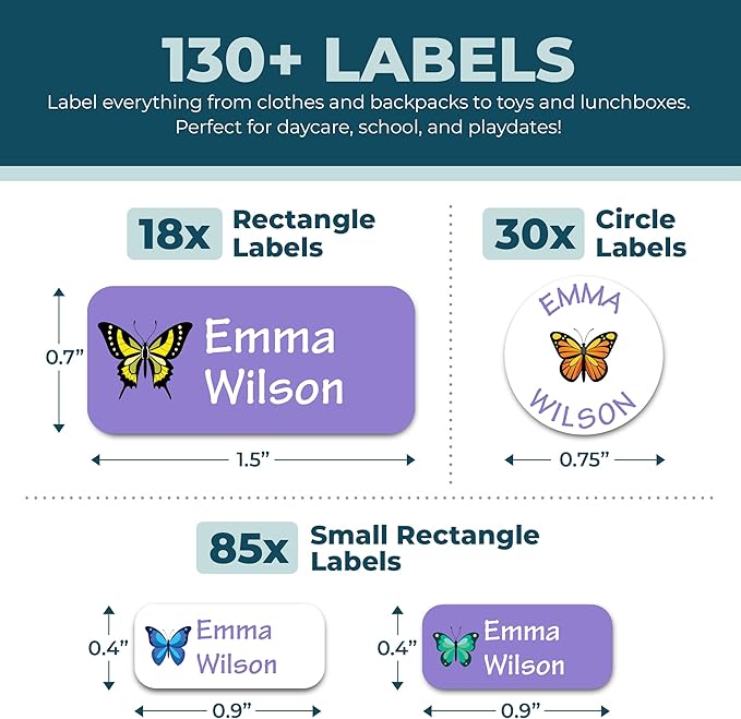 Personalized Daycare Name Labels for Kids (130 Labels) - Custom Waterproof Name Stickers for Clothing Tags, Water Bottles, Lunch Boxes and School Supplies (Butterflies)