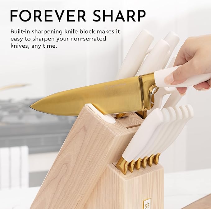 White and Gold Knife Set with Block Self-Sharpening – 14-Piece Titanium Coated Gold and White Kitchen Knives with Ashwood Block and Built-In Sharpener – Luxury Kitchen Accessories, Ideal Gift