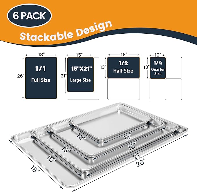 6 Pack Half Size Baking Sheet Pan, Aluminum Commercial Cookie Sheet Pan, Durable & Anti-Stick 18”x 13”