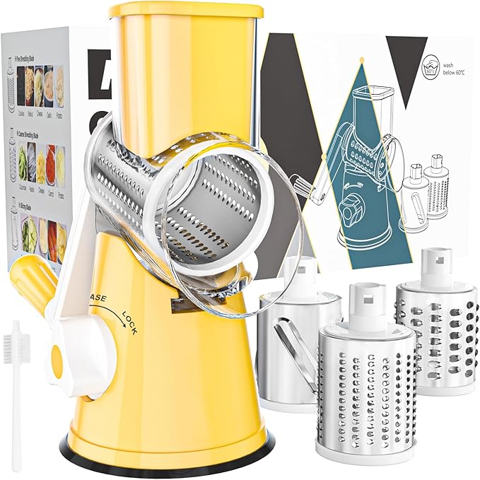 Cambom Rotary Cheese Grater Hand Crank Cheese Shredder for Fresh Cheese, Vegetable, Nuts,Non-slip Suction Base, Free Cleaning Brush Three Blades,Yellow