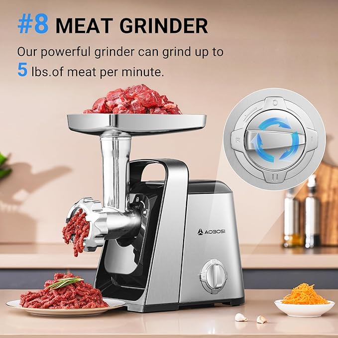 AAOBOSI 6-in-1 Electric Meat Grinder | 3000W Max | 3-Speed | 4 Grinding Plates|2 Stainless Steel Blades| Sausage Stuffer | Kubbe Maker & More Included | Built-in Storage Box for Home Kitchen Use