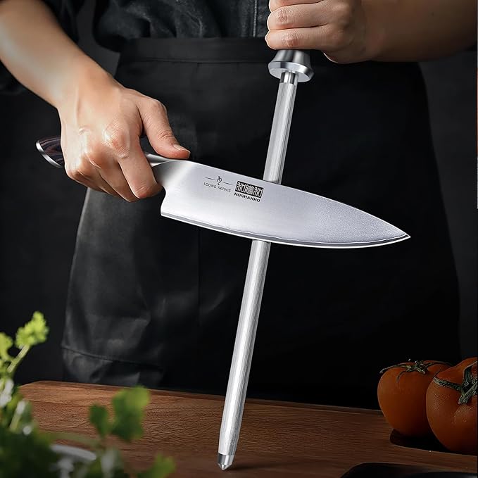 HOSHANHO Honing Rod,12 Inch Professional Kitchen Knife Sharpener Rod, Japanese High Carbon Knife Sharpening Steel with Ergonomic Pakkawood Handle, Ideal for All Chef Knives