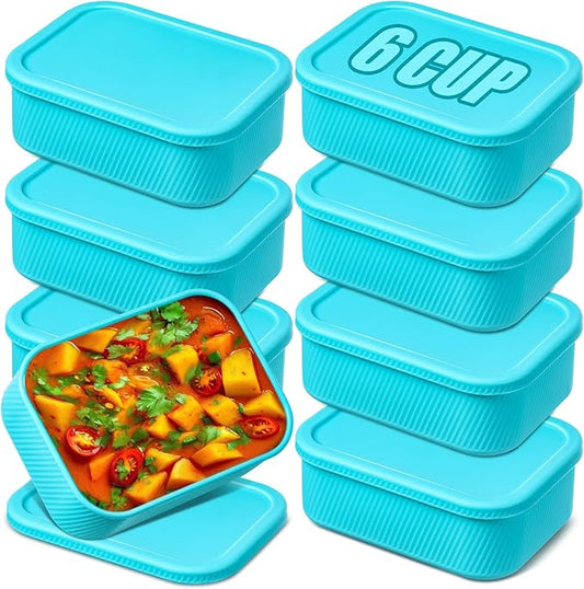Nuogo 8 Pcs 6 Cup Silicone Freezer Trays with Lid Soup Containers Reusable Freezer Silicone Molds Rectangle Containers Ice Trays for Sauces Stews Curries, Lake Blue
