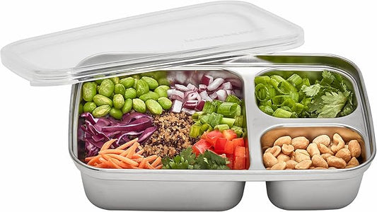 U Konserve Stainless Steel Rectangle Divided 3 Section Food Storage Bento Box Container, Leak Proof Silicone Lid Dishwasher Safe - Plastic Free, (24oz Clear)