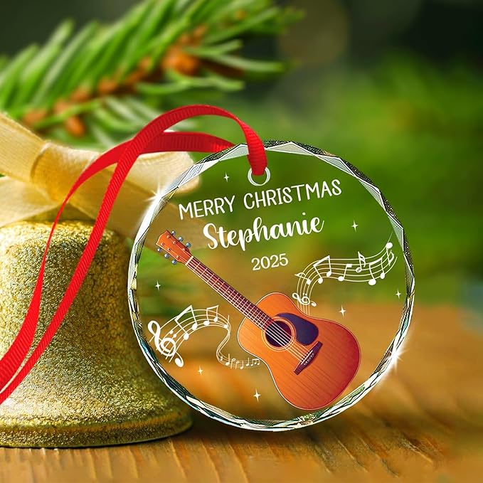 Custom Guitar Musical Instrument Xmas Glass Ornaments, Instrument Christmas Ornament Gifts for Guitarist, Personalized Text & Name Guitar Player Glass Ornaments, Musical Lover Ornament Christmas 2025