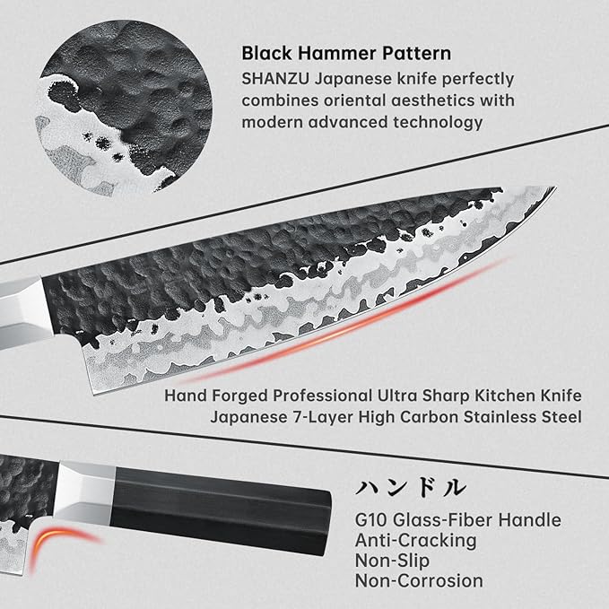 SHAN ZU 7-Piece Japanese Knife Set - 7 Layers 10Cr15MoV High Carbon Steel Kitchen Knifes Set with Block and Sharpener,Ultra-Sharp Chef Knife Set with G10 Handle