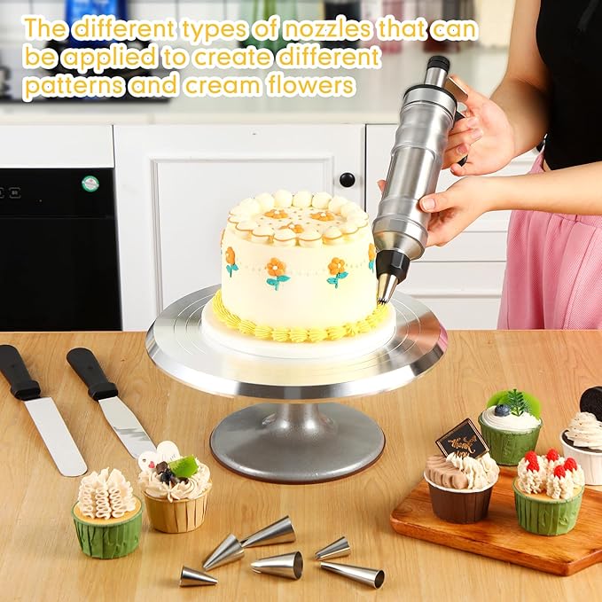 Nuogo 154 Pcs Christmas Aluminum Cake Decorating Tools Kit with 12 Inch Aluminum Cake Turntable, Cakes Decorting Gun with 6 Head, 34 Pcs Cakes Decorting Set, 11 Cream Spatula Set, 100 Cream Piping Bag