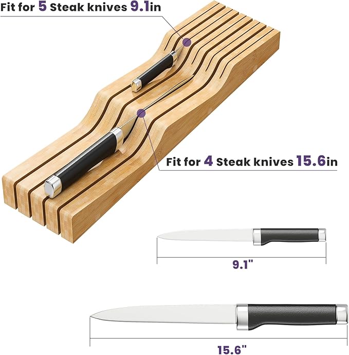 Bamboo In-Drawer Knife Block for 9 Knives(Not Included), Knife Drawer Organizer,Knife Holder Countertop,Block Knife Storage Organizer for Kitchen