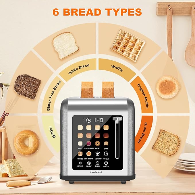 2 Slice Toaster Touch Screen, Stainless Steel Toasters Digital Timer 2 Slot Toasters, 8 Shade Settings 6 Bread Types for Bagel, Cancel, Defrost (Grey)