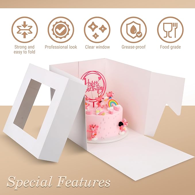 Cakebon Cake Boxes with Boards - 10 Inch Round Cake Drum Black - Box With Window for Birthdays, Weddings and Parties (1pc Each, 2pcs Total)