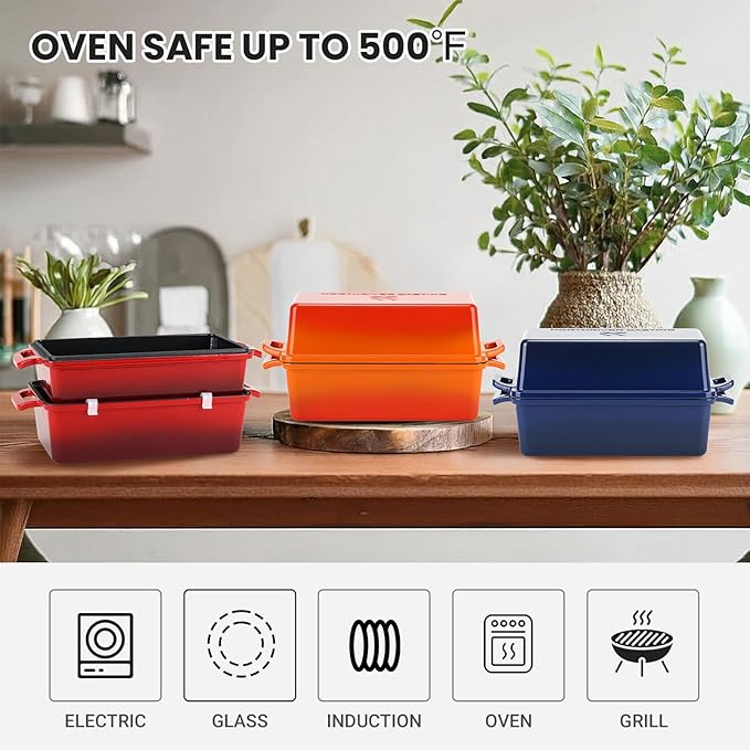 9x5 Inch Enameled Cast Iron Loaf Pan with Lid, Perfect Bread Baking Pan | Even Heat Distribution for Homemade Bread, Cake, Meatloaf，2 Piece set，Red