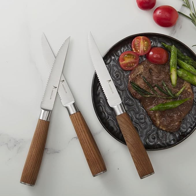 Natura Series 4.5” Serrated Steak Knife Set of 6, High Carbon Stainless Steel, Wooden Handle