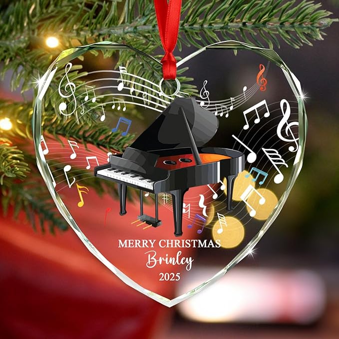 Unique Piano Glass Christmas Ornament Gift for Daughter Son Brother Sister Kids, Customized Year Text Name Piano Player Pianist Keepsake Ornaments, Personalized Piano Instrument Glass Xmas Ornament