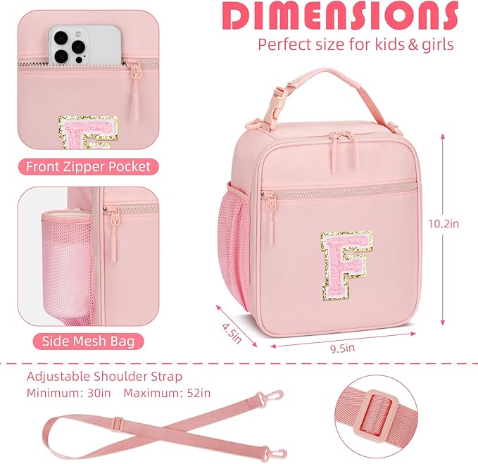 Initial Insulated Lunch Bag for Girls Kids, Back to School Gift, Reusable Leak-proof Lunch Box with Adjustable Strap for School Daycare Travel Picnic (Pink,F)