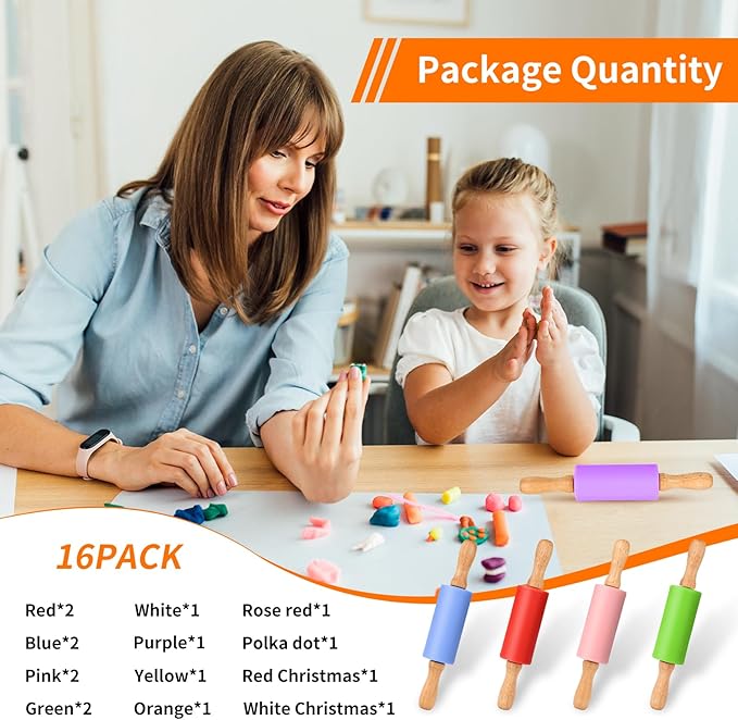 Mini Silicone Rolling Pin for Kids, Non-stick Surface Wood Handle, 9 Inch 16 Pack