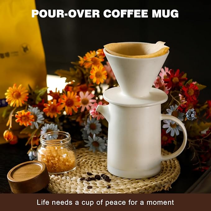 Pour Over Coffee Maker Set Vintage Ceramic Pour Over Coffee Dripper Set with 20 Count Paper Coffee Filters,for Home Café Restaurant Camping,15.8 Ounces(White)