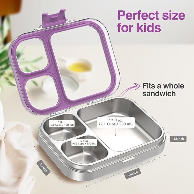 Stainless Steel Lunch Box: Metal Bento Box for Kids Adults - 3 Compartments Leak-Proof Lunch Box, Purple