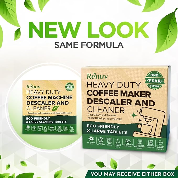 Renuv Coffee Maker Cleaner & Descaler Tablets, 12 Uses for Keurig, Ninja, Breville, Delonghi, Nespresso, Miele, Jura, Mr Coffee, Cuisinart Descaling Solution for Coffee Pot Maker & Espresso Machines