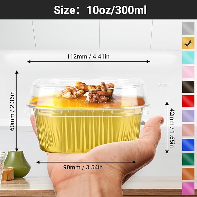 EUSOAR Baking Cups with Lids, 10oz 100pcs Gold Aluminum Foil Oven Loaf Pan Disposable Ramekins Liners for Pie Quiche Flan Soufflé Creme Brulee, Cake Pan Custard Cups Set for Dinner Wedding Banquets