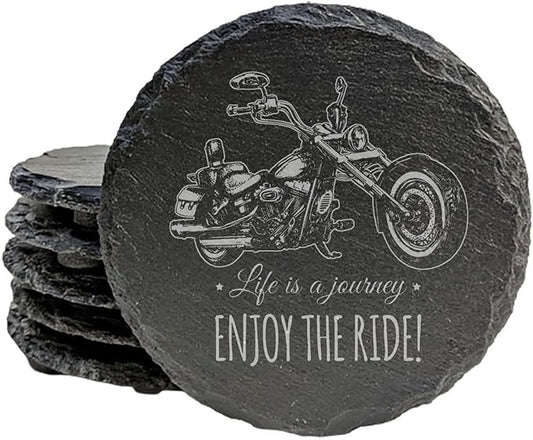 Coast in Style: Rustic Slate Coasters with Motorcycle Design - Round Slate - Set of 4