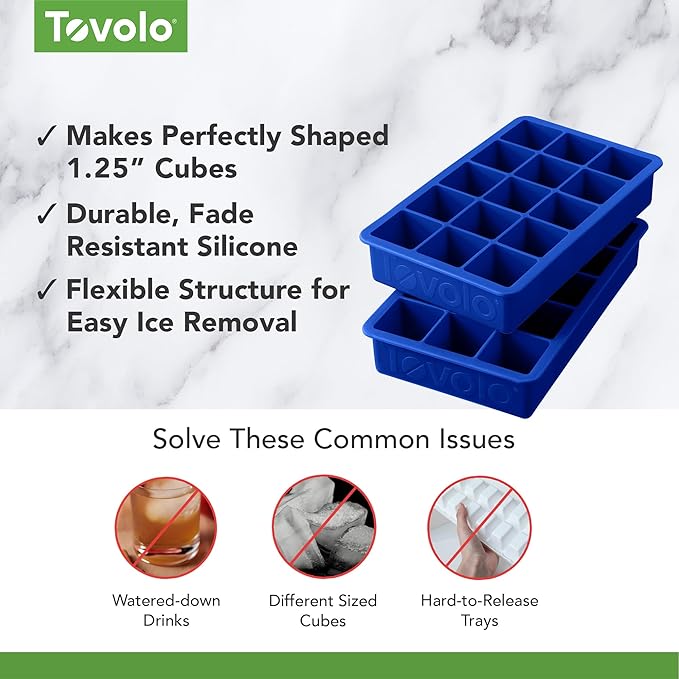 Tovolo Perfect Ice Mold Freezer Tray of 1.25-Inch Cubes for Whiskey, Bourbon, Spirits & Liquor, BPA-Free Silicone, Fade Resistant, Set of 2, Stratus Blue