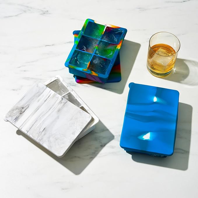 Host Ice Cube Tray with Lid, Makes 6 Large 2" Cubes, Durable Silicone Trays, Perfect for Cocktails, Beverages, Mocktails, Iced Coffee, Tea, Infused Water, Kitchen Essentials, Set of 1, Colored Marble