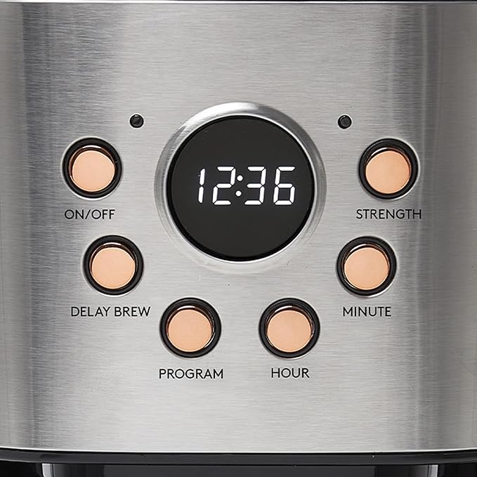 HADEN Heritage 12 Cup Programmable Retro Coffee Maker Machine Bundled with 2 Slice Wide Slot Toaster with Removable Crumb Tray, Steel/Copper