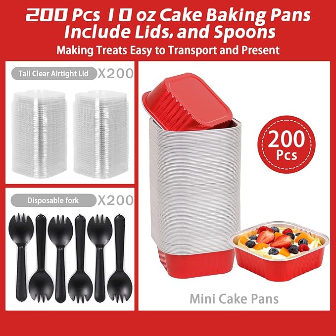 200 Pack 10 oz Red Square Mini Cake Pans with Lids, Mini Loaf Pans with Lids, Aluminum Foil Square Brownie Baking Cups for Ramekins Muffin Cupcake Wedding Birthday Party