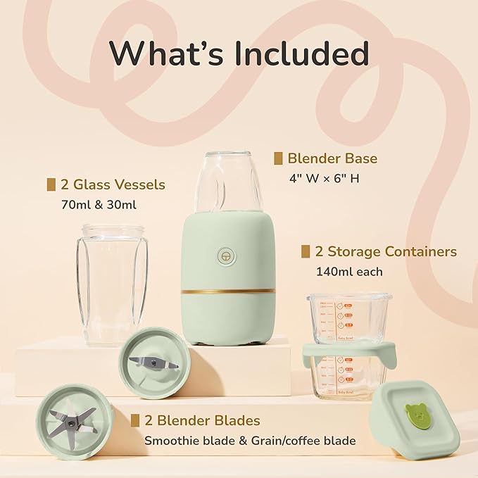 Bubble Blender, Baby Food Maker & Puree Blender with 2 Borosilicate Glass Cups, Compact Baby Bullet for Smoothies, Hands-Free One-Touch, 200W Motor, Sage