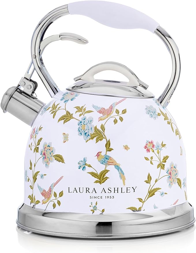 VQ Laura Ashley Elveden White 2.5L Stainless Steel Tea Kettle Stovetop Whistling Teapot for Induction, Gas Hob or others. Silicon Coated Cool Handle & Push Button Mechanism Vintage Stove Top Kettle