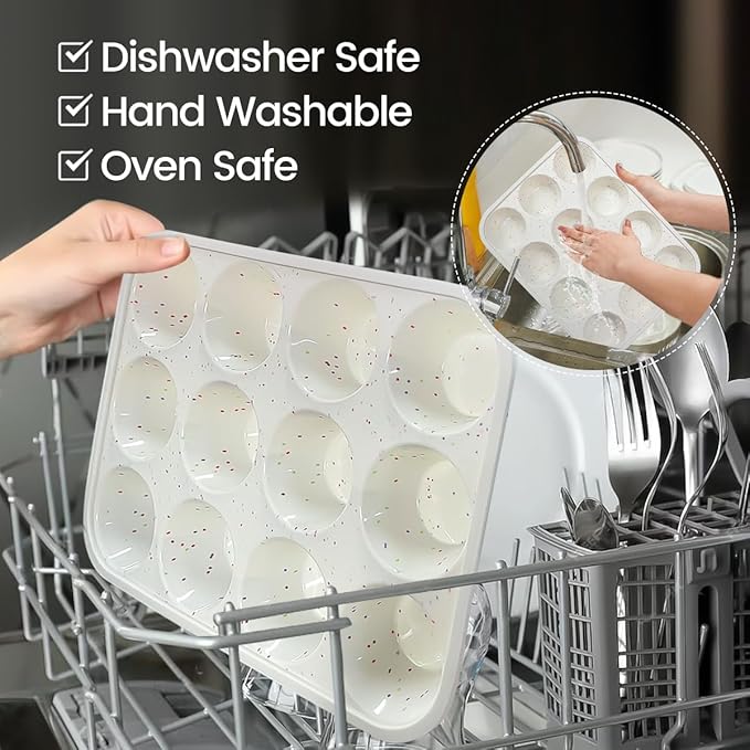 Silicone Muffin Pan, Metal Reinforced Frame Cupcake Pan 12 Cups Regular Size Easy to Move in or Out of Oven Non-Stick (1)