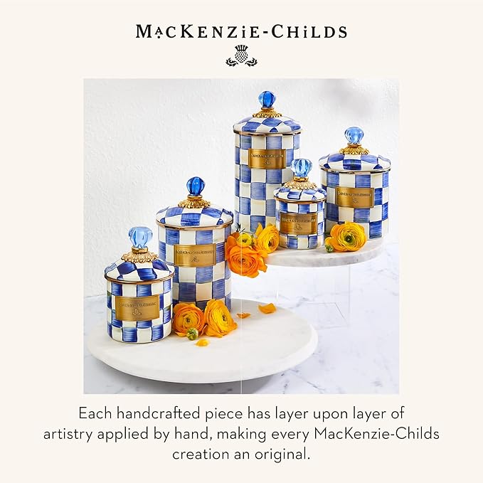 MACKENZIE-CHILDS Enamel Canister Set, Small (38 oz.), Medium (48 oz.), and Large (64 oz.) Kitchen Containers, Blue-and-White Royal Check