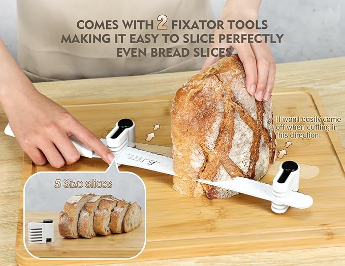 Resharpenable Bread Knife for Homemade Bread, 11.6-Inch Multifunction Serrated Knife with 5 Thickness Adjustable Slicing Guide, Stainless Steel Bread Cutter, Razor Sharp for Sourdough, White