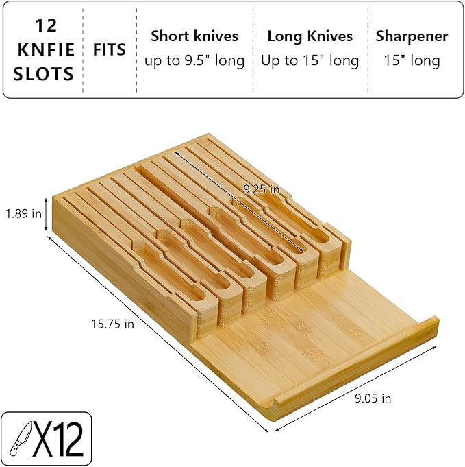 Domax Bamboo In-drawer Knife Block - Knife Drawer Organizer Insert Large Handle Steak Knife Holder, Kitchen Drawer Knife Organizer Fits for 12 knives and 1 Sharpening Steel (Not Included)