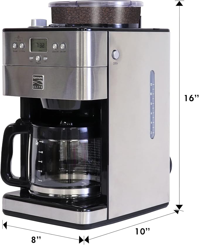Kenmore Elite Grind and Brew Coffee Maker - Built-In Grinder, Automatic Drip Coffee Machine, 12 Cup Programmable Brewer, Bean Grinder and Ground Coffee Brewer, Coffee Maker and Grinder Combo