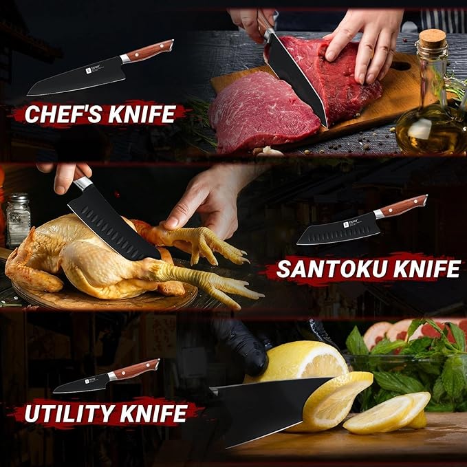 TIVOLI 3 Piece Kitchen Knife Set - High Carbon Steel - Black Blade Rustproof Coating - Chef Knife Set with Ergonomic Wood Handle, Cooking Knife Set for Meat Vegetable Fruit, Gift Box Sharp Knives